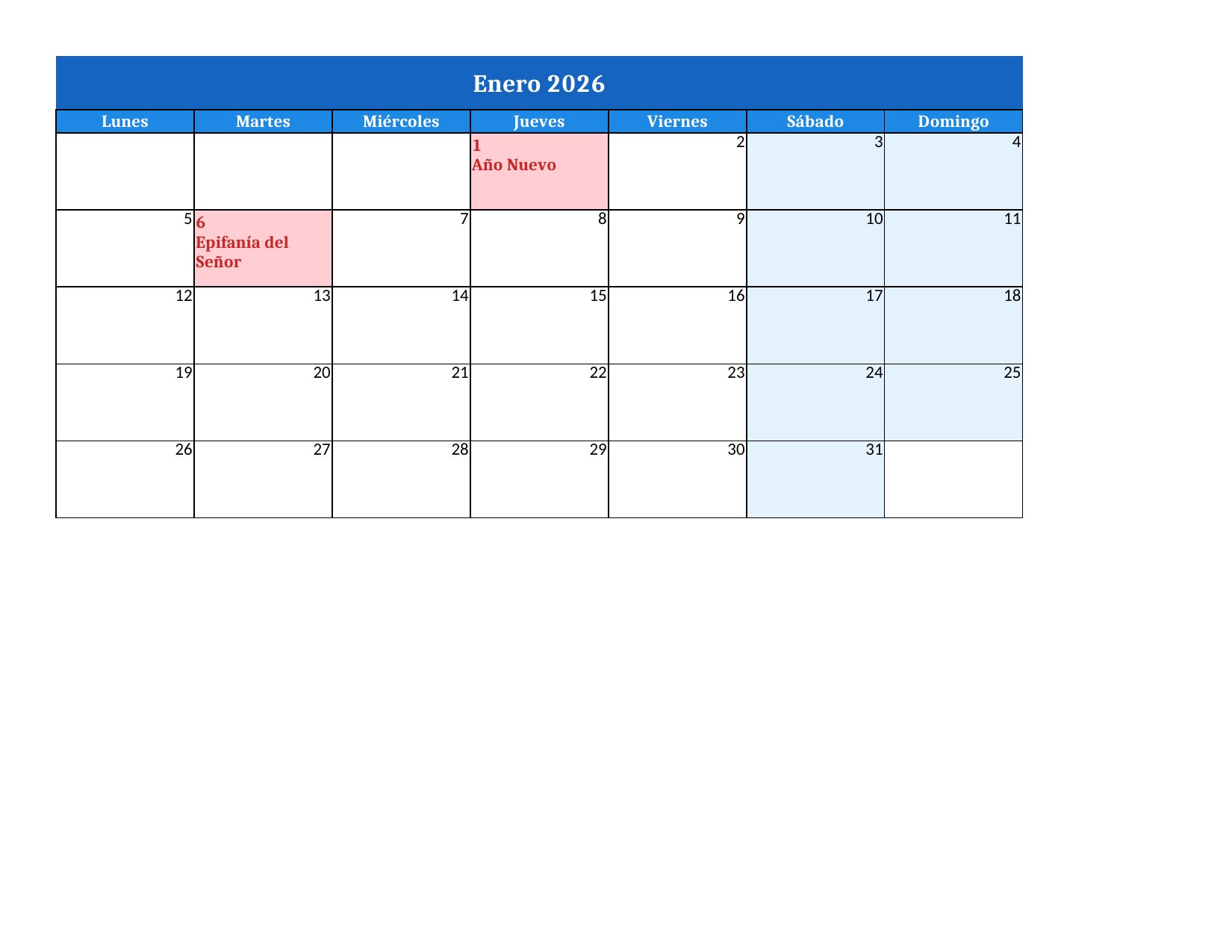 Plantilla Calendario 2026 Mensual (12 hojas)