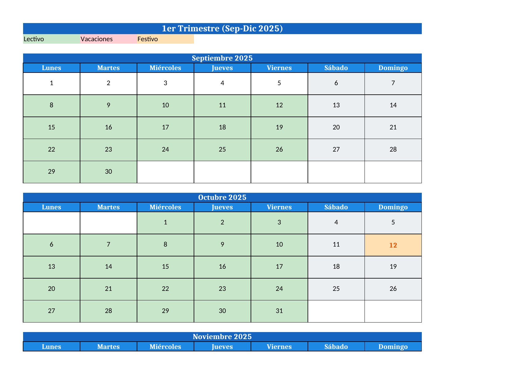 Plantilla Calendario Escolar 2025-2026