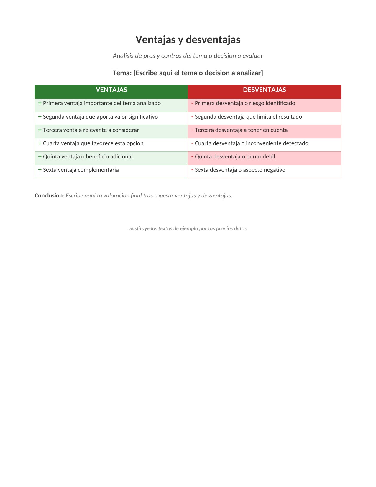 Plantilla Cuadro de Ventajas y Desventajas