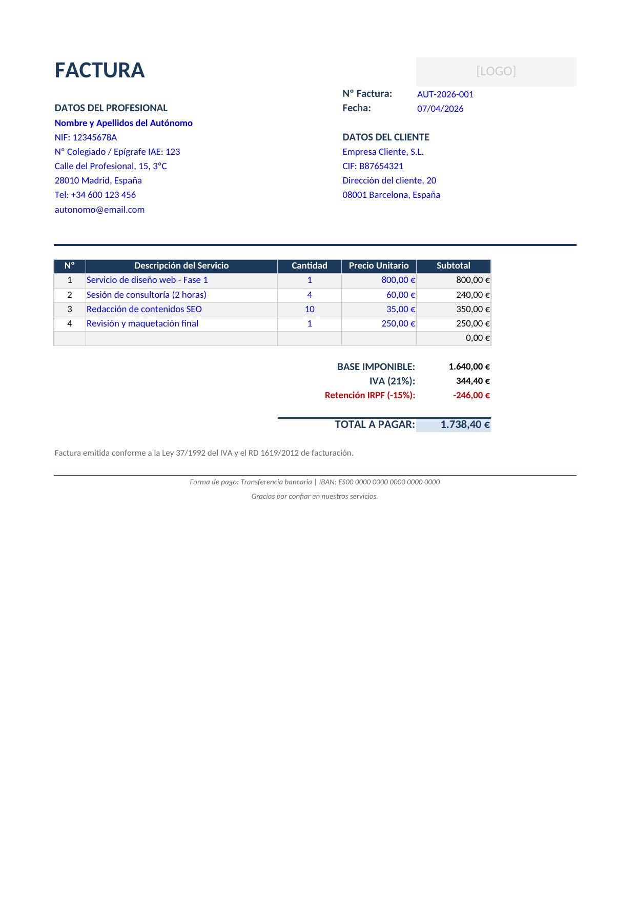 Plantilla Factura para Autónomos (con IRPF)