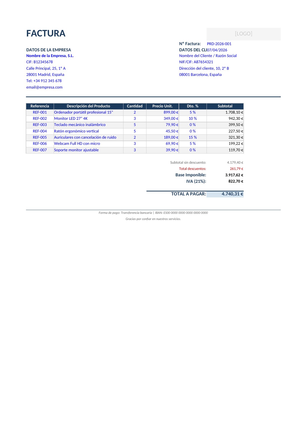 Plantilla Factura de Productos (con descuento)