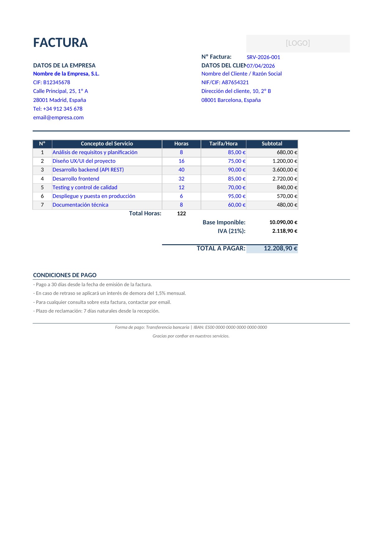 Plantilla Factura de Servicios (por horas)