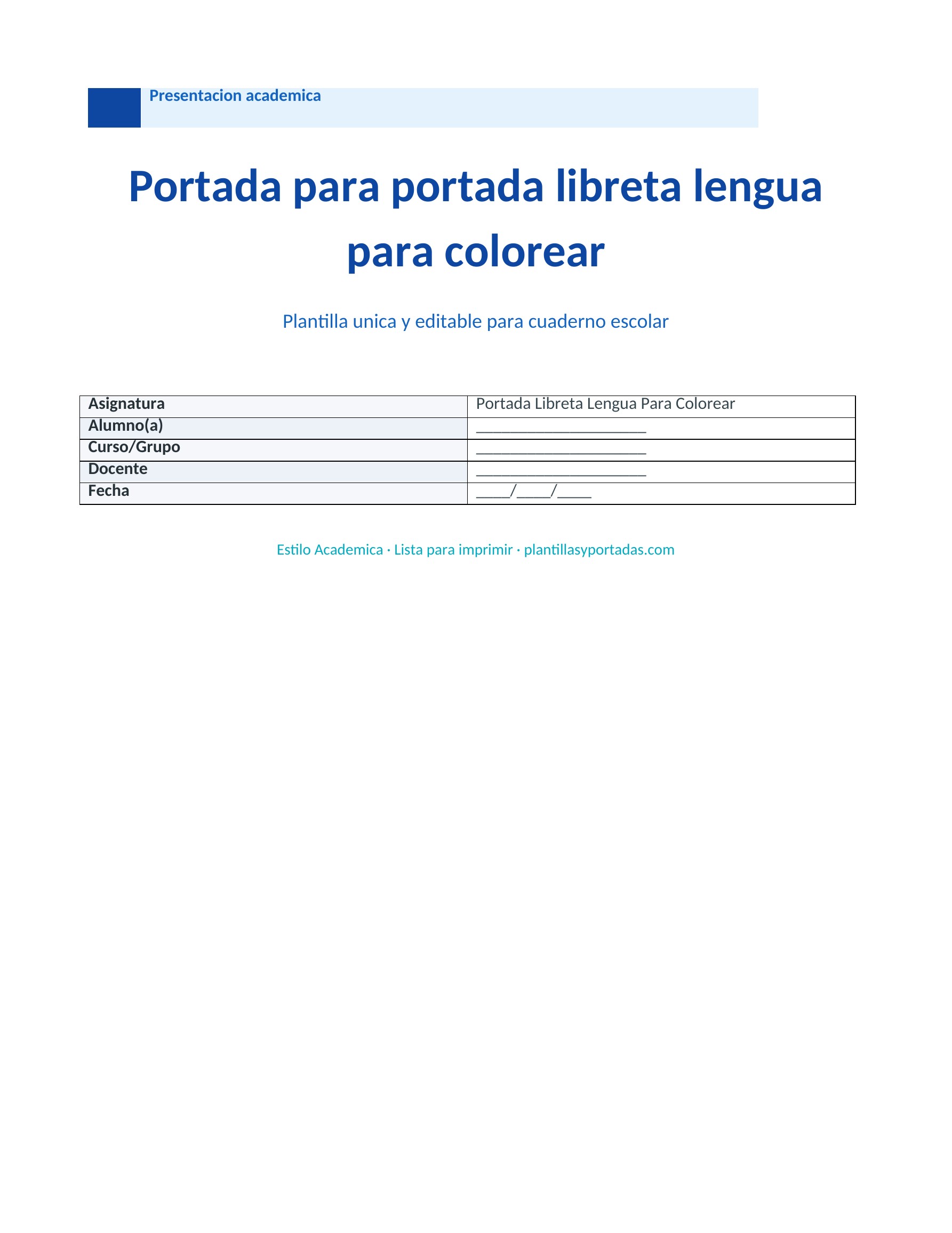 Portada Académica para libreta de lengua para colorear