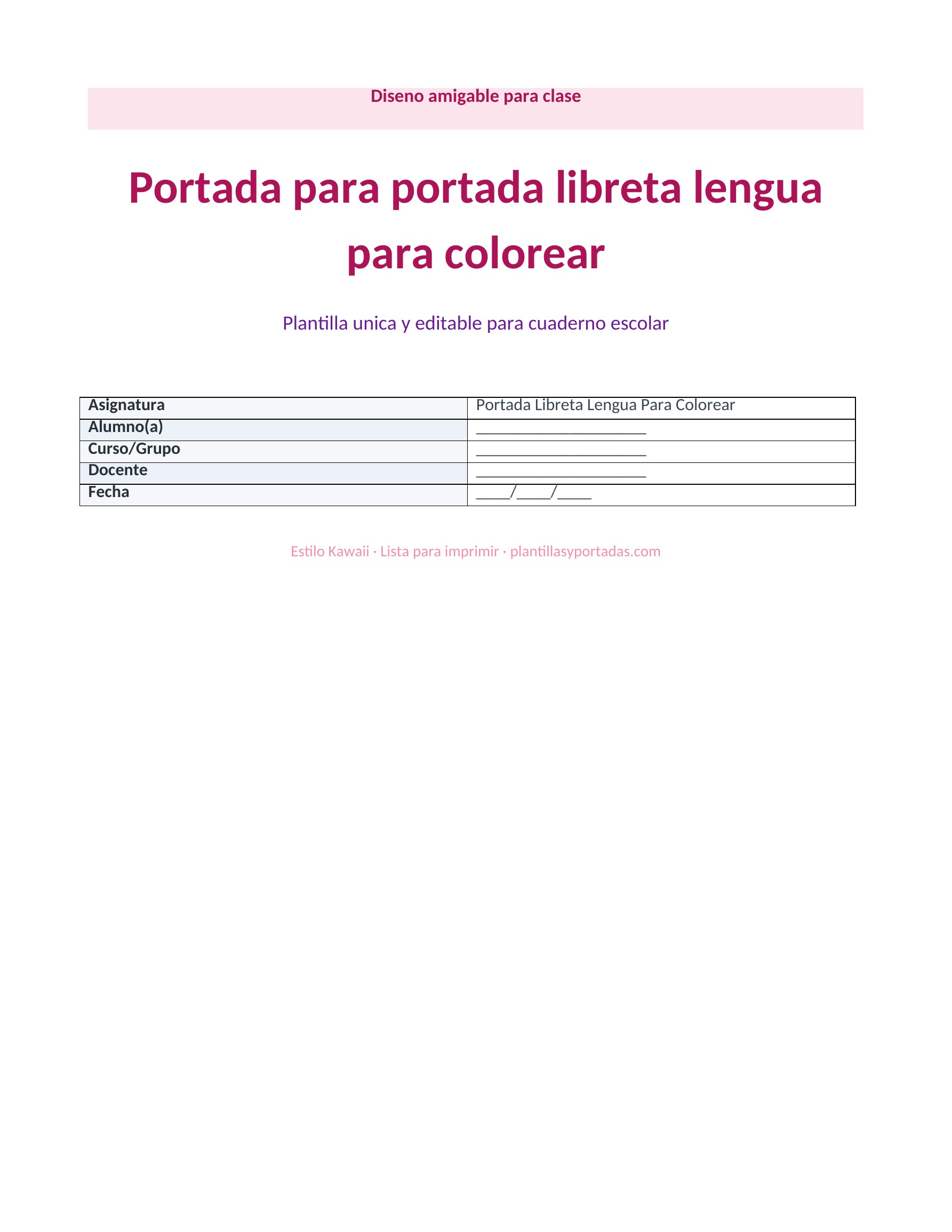 Portada Kawaii para libreta de lengua para colorear