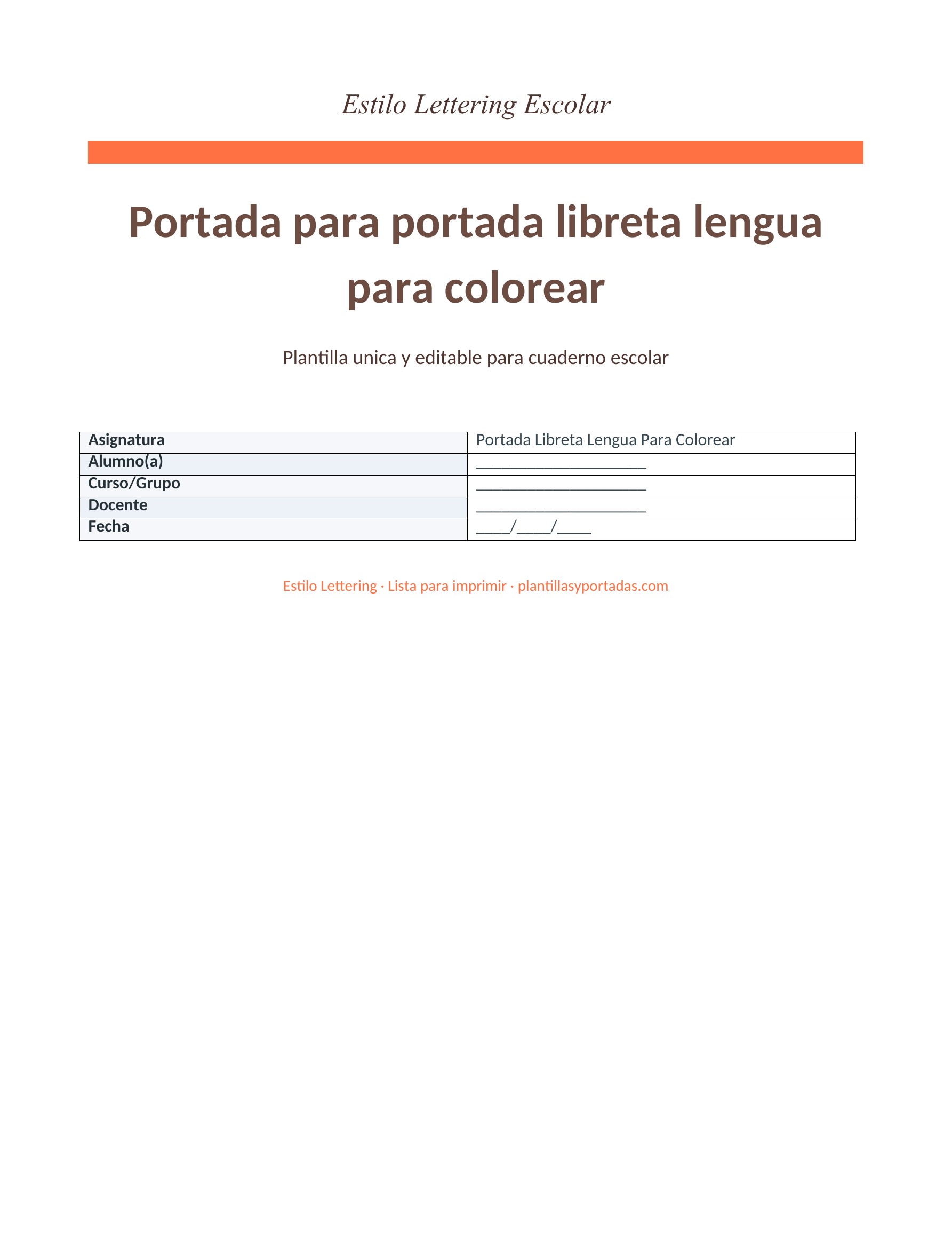 Portada con Lettering para libreta de lengua para colorear