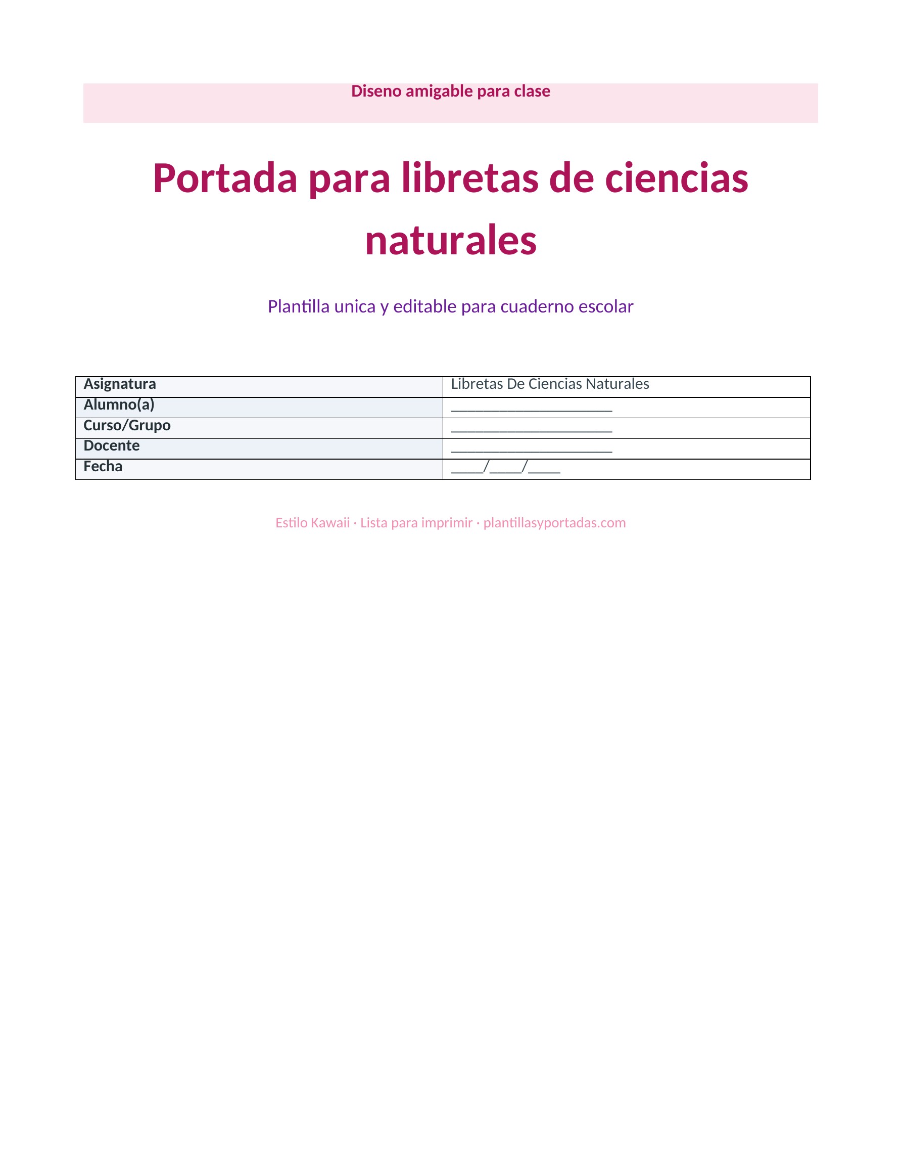 Portada Kawaii para libreta de ciencias naturales