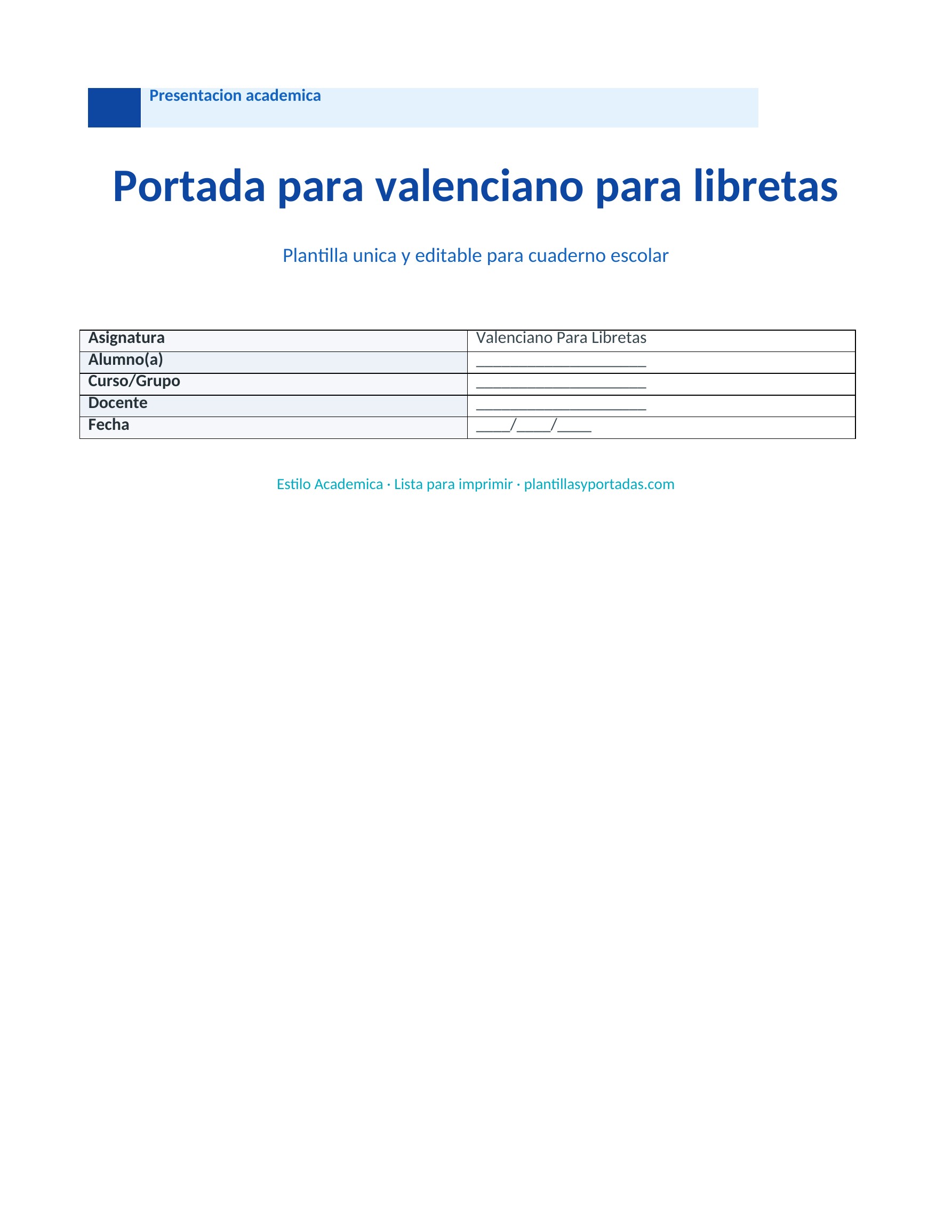 Portada Académica para libretas de valenciano
