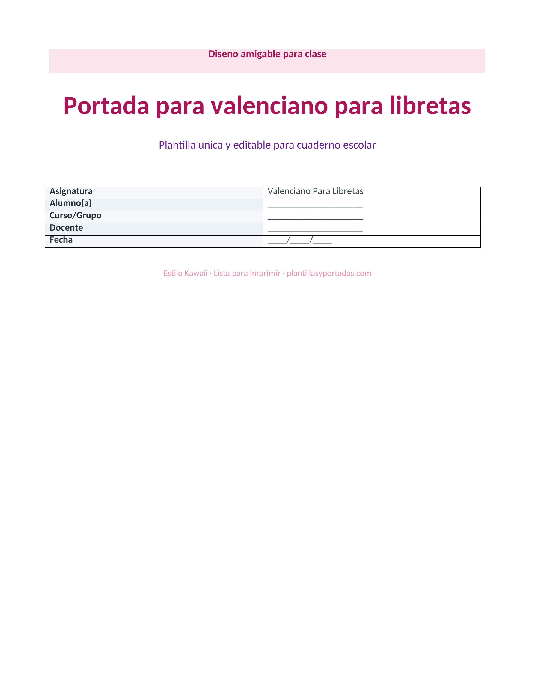 Portada Kawaii para libretas de valenciano
