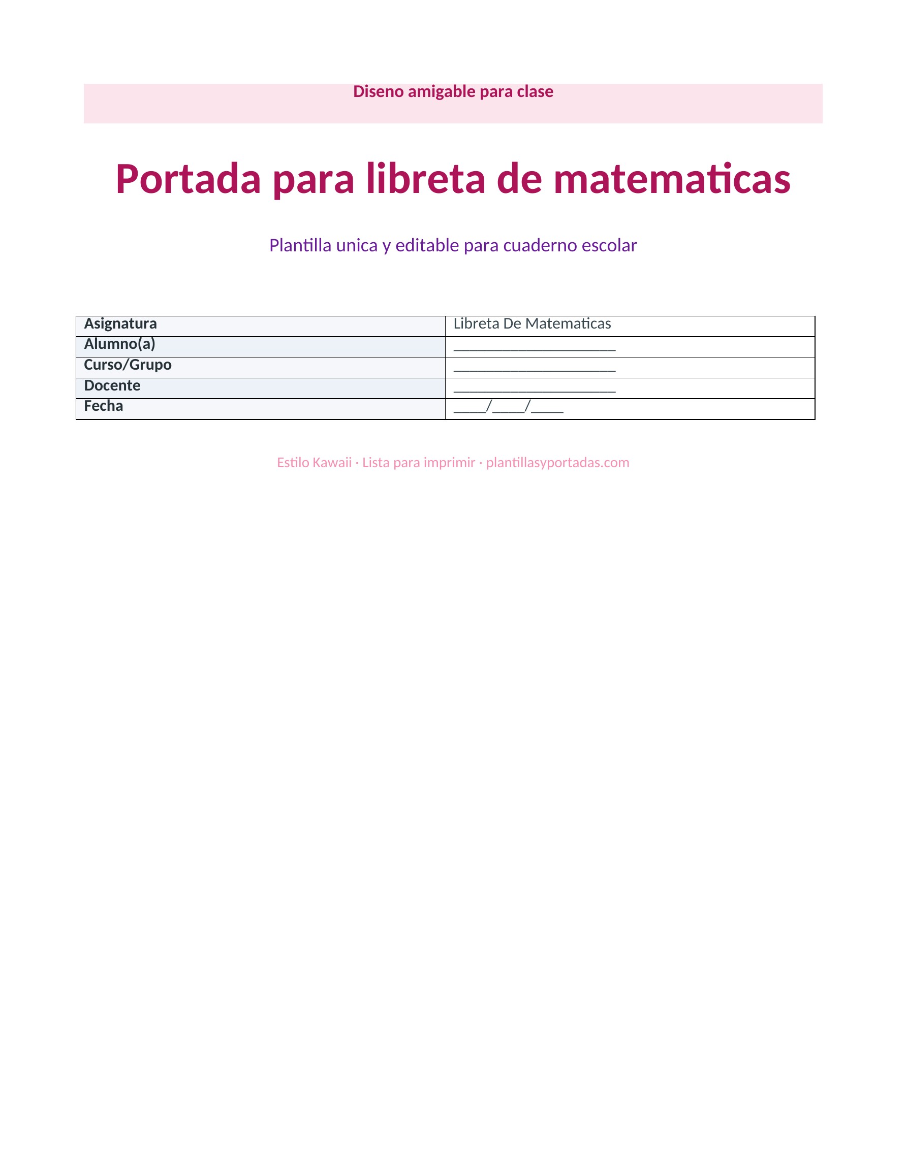 Portada Kawaii para libreta de matemáticas