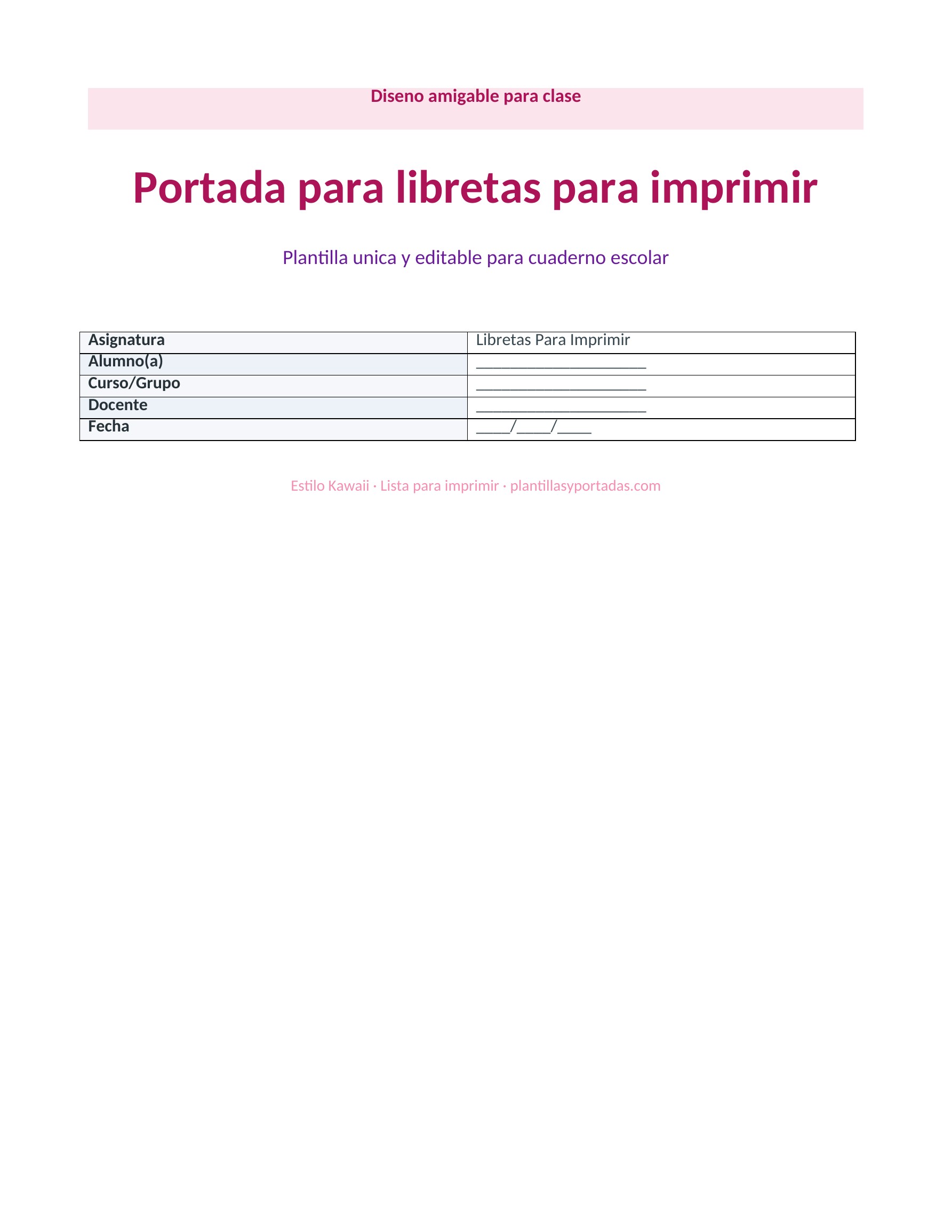 Portada Kawaii para libretas para imprimir