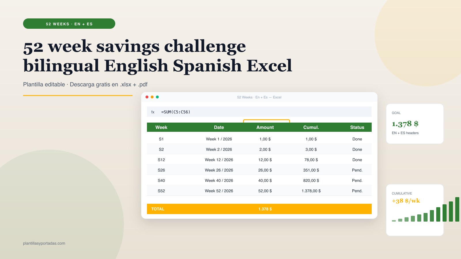 Plantilla 52-Week Savings Challenge — bilingual EN + ES en Excel
