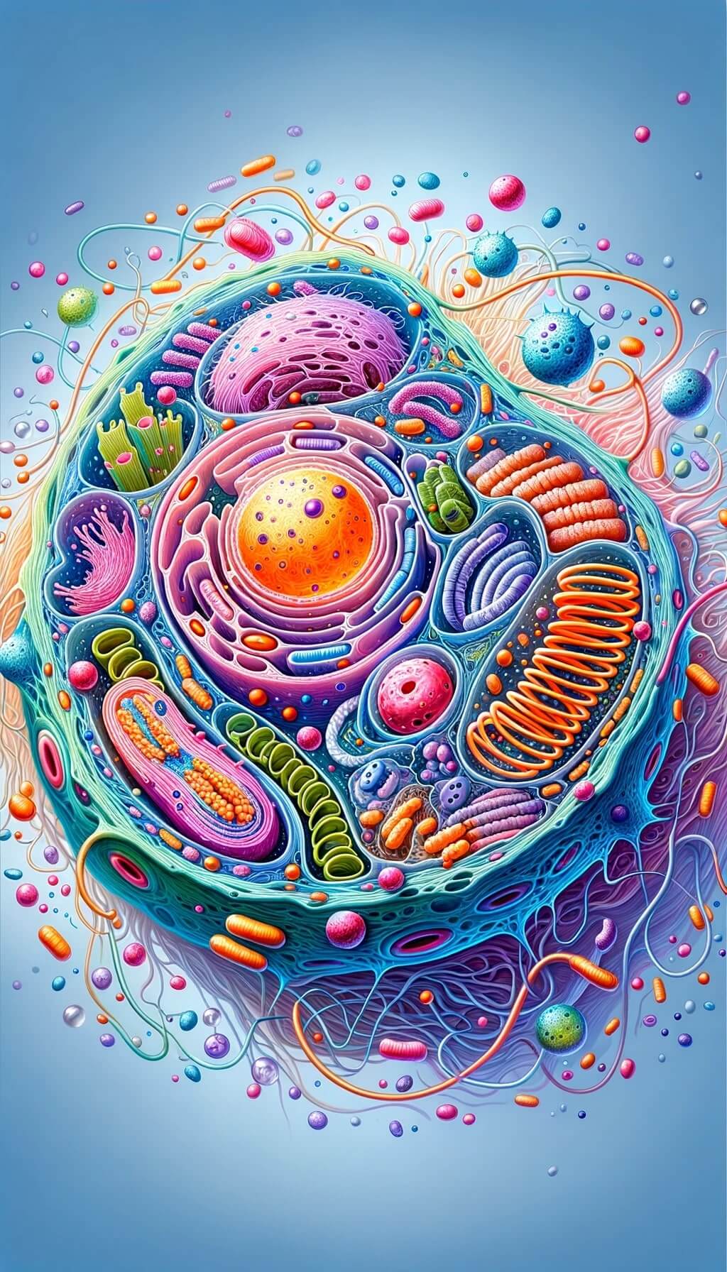 Ilustración de una estructura celular ampliada con orgánulos como el núcleo, las mitocondrias y los ribosomas. Los colores vibrantes resaltan los diferentes