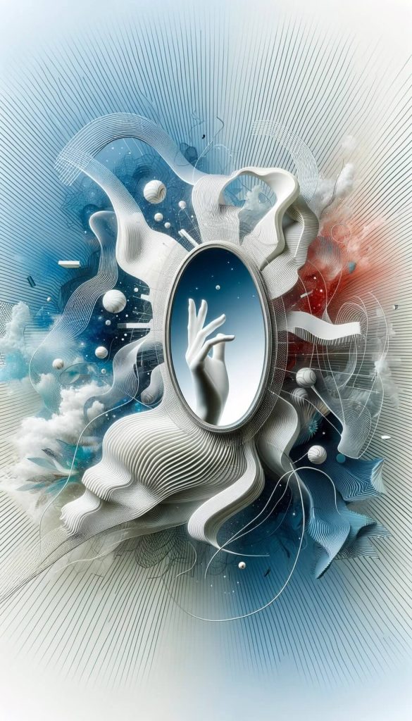Representación artística de la honestidad. Un espejo claro que refleja una imagen verdadera en medio de diseños abstractos, simbolizando la transparencia. Portada de