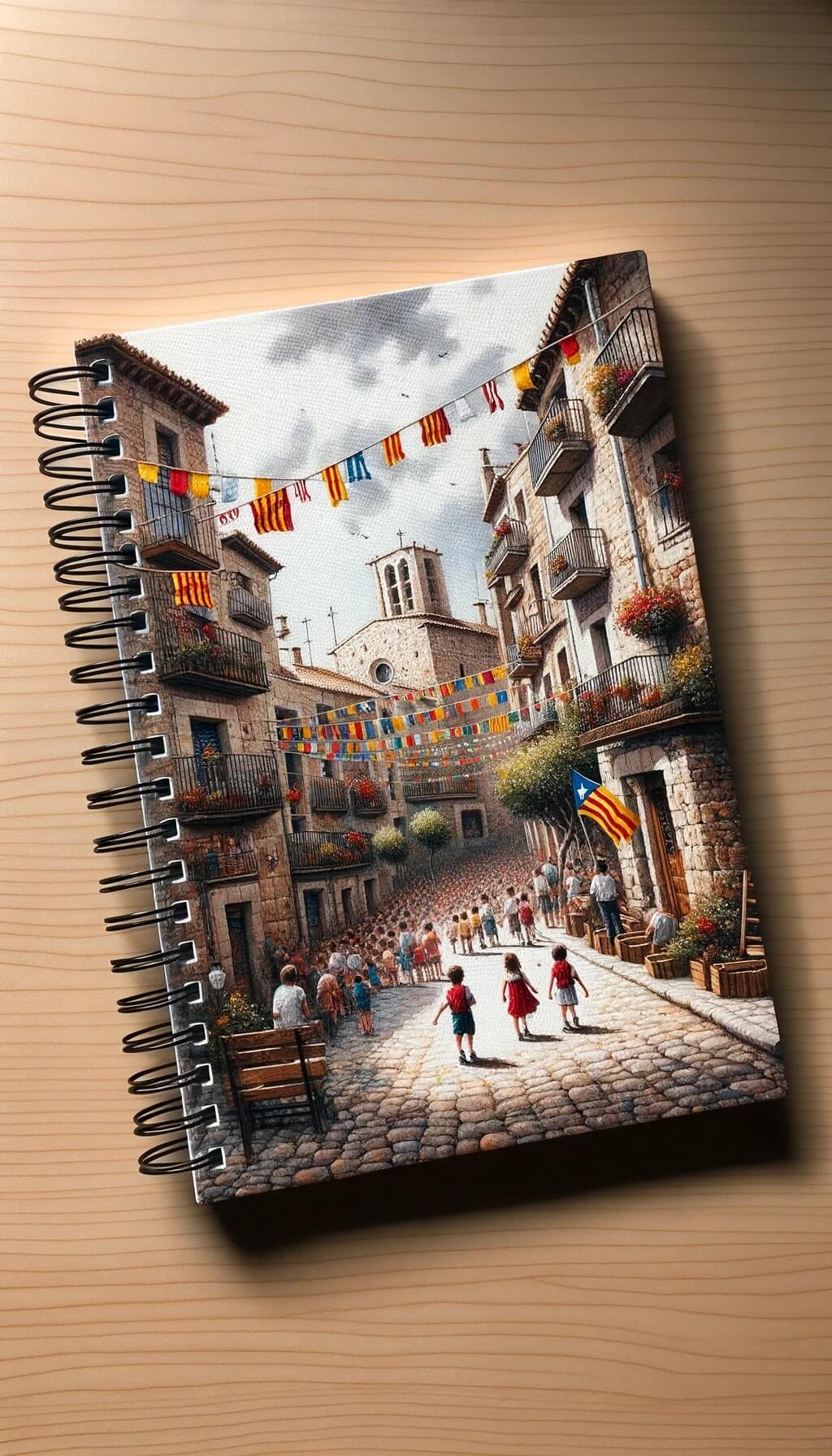 Un diseño de cuaderno escolar con cubierta texturizada. Muestra una pintura en acuarela de la calle de un pueblo catalán, con niños jugando y la bandera