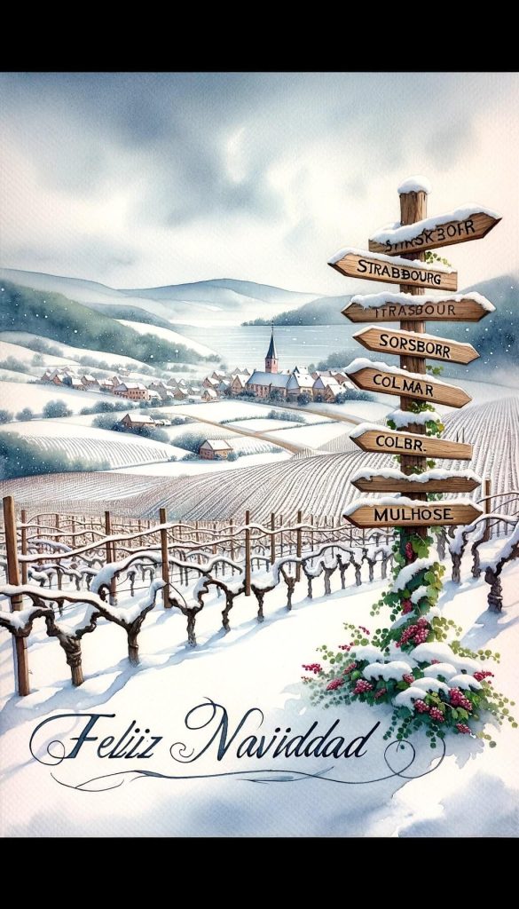 Una serena escena A4 de viñedos alsacianos cubiertos de nieve. Un poste indicador de madera señala ciudades como Estrasburgo, Colmar y Mulhous