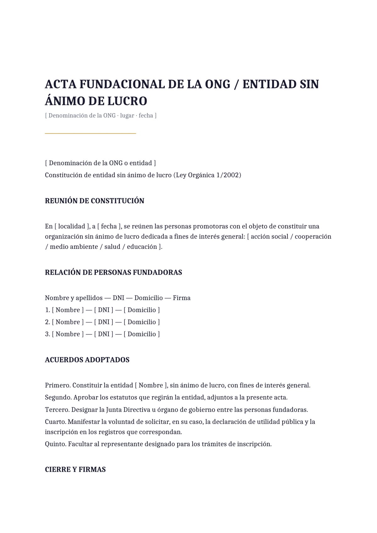 Plantilla Acta fundacional de ONG sin ánimo de lucro
