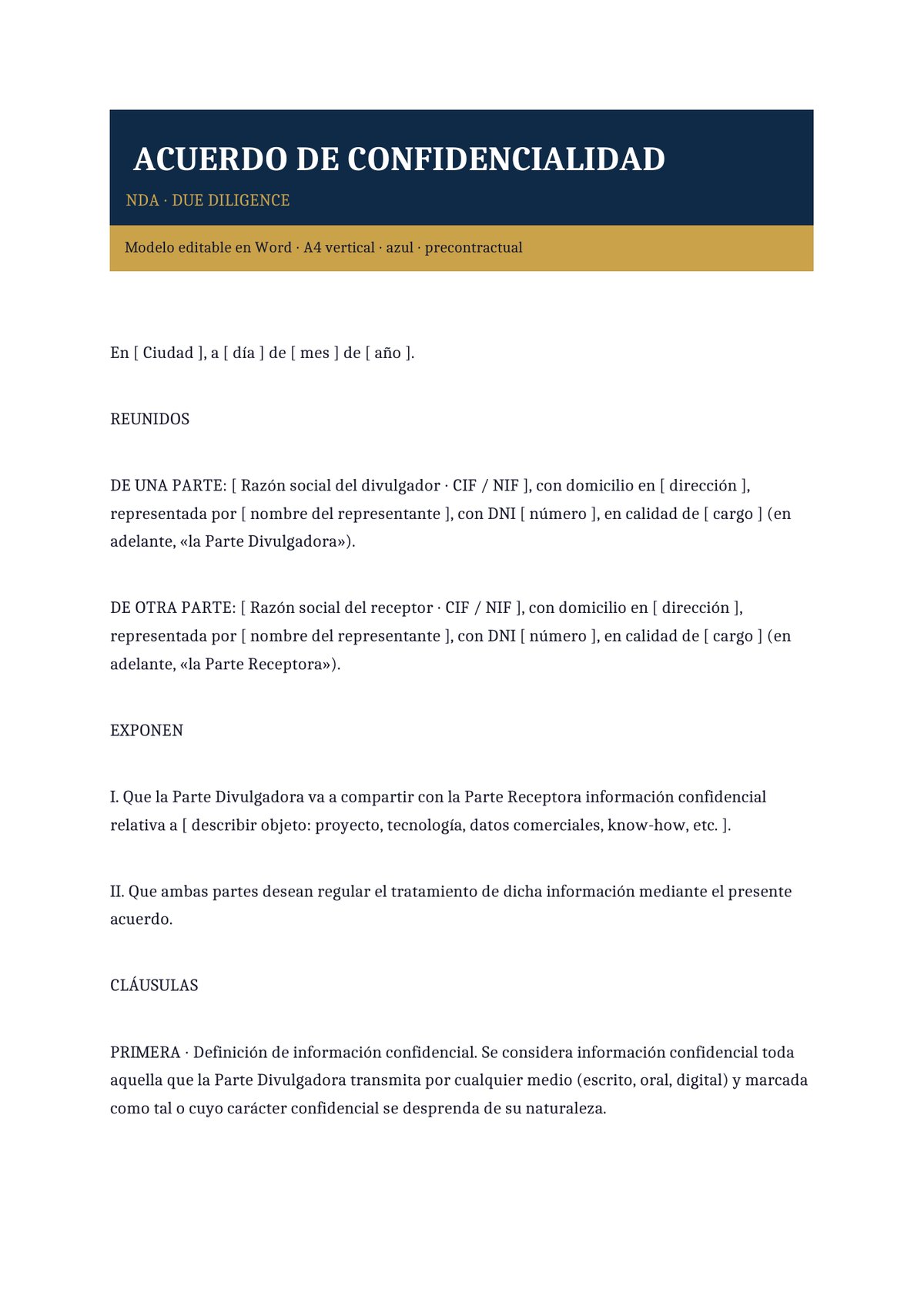 Plantilla NDA para due diligence / fase precontractual