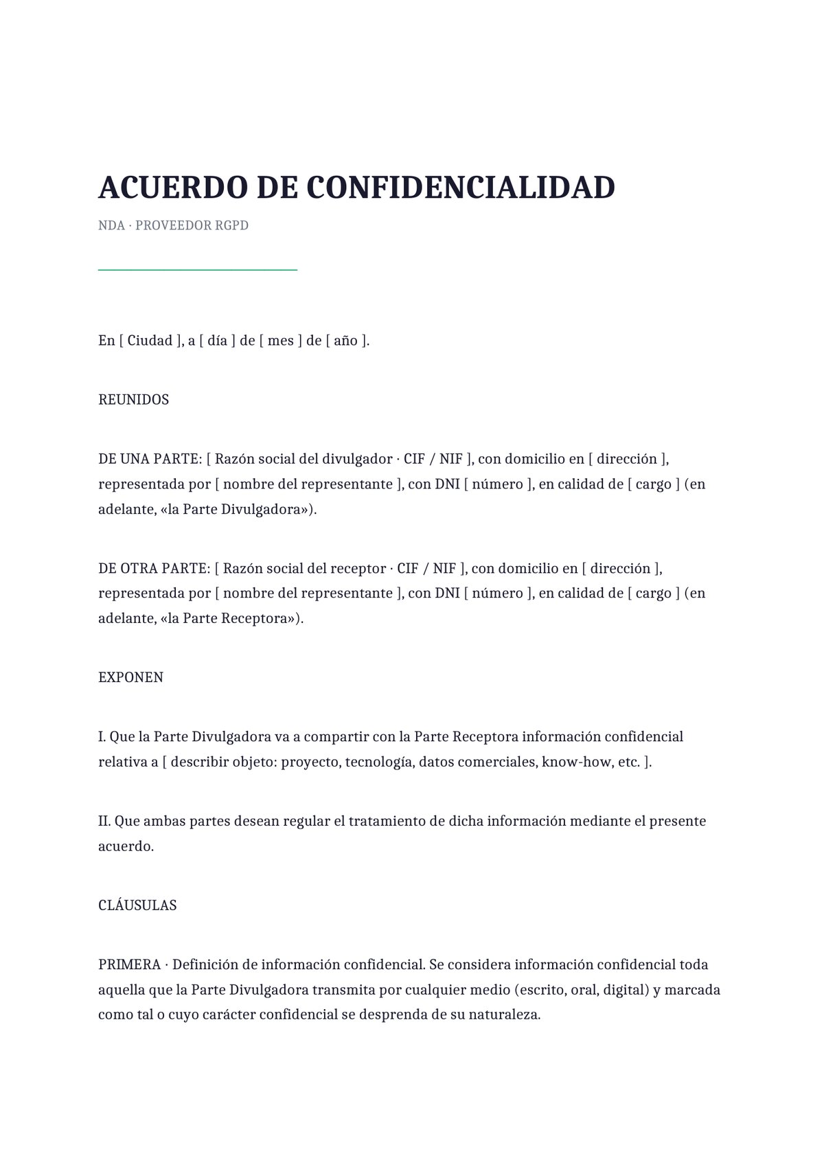 Plantilla NDA para proveedor con acceso a datos personales