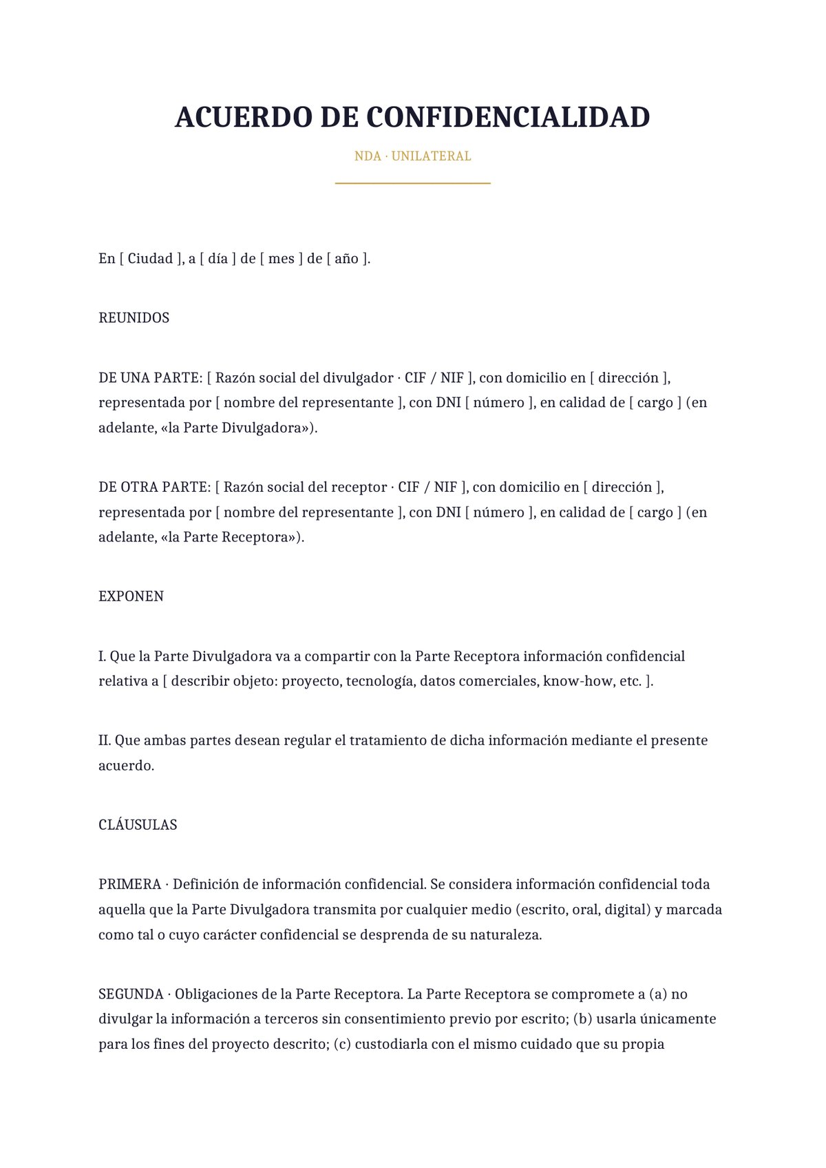 Plantilla NDA unilateral (una parte revela)