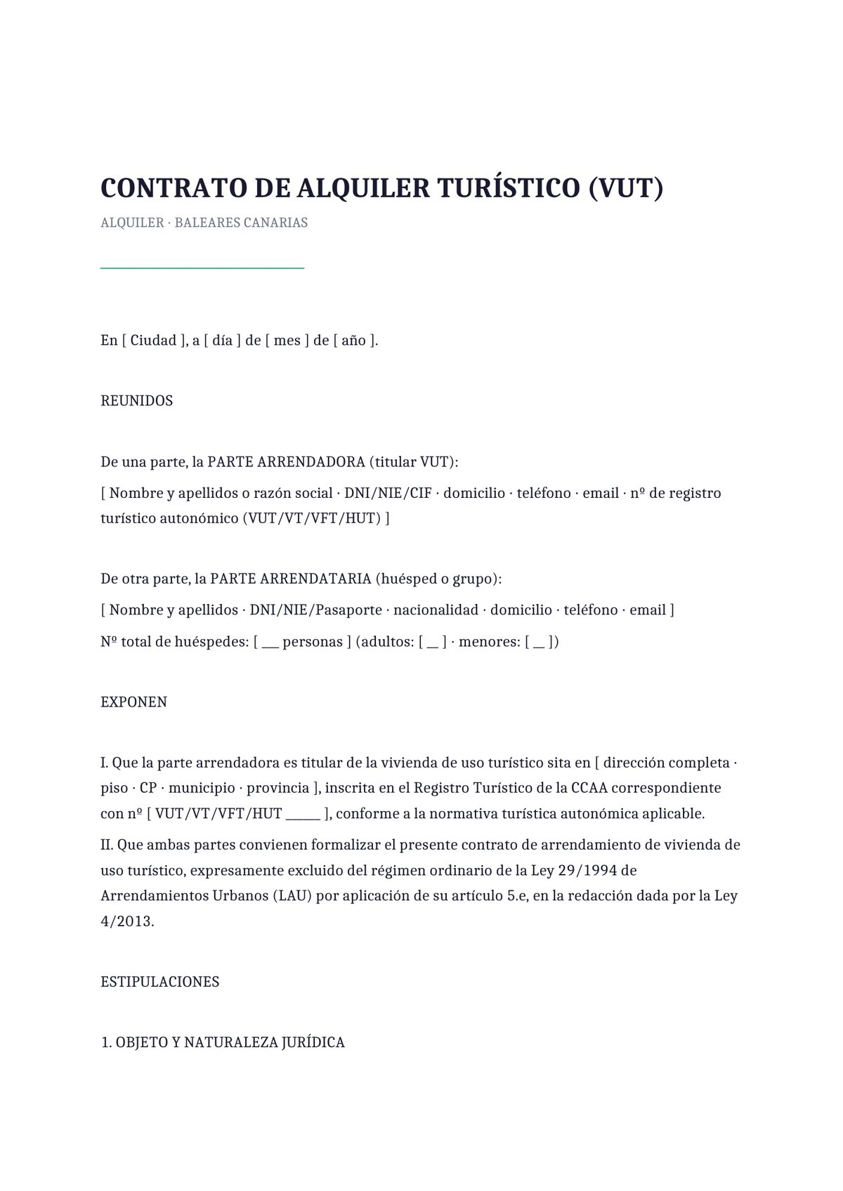 Plantilla Contrato de alquiler turístico Baleares y Canarias