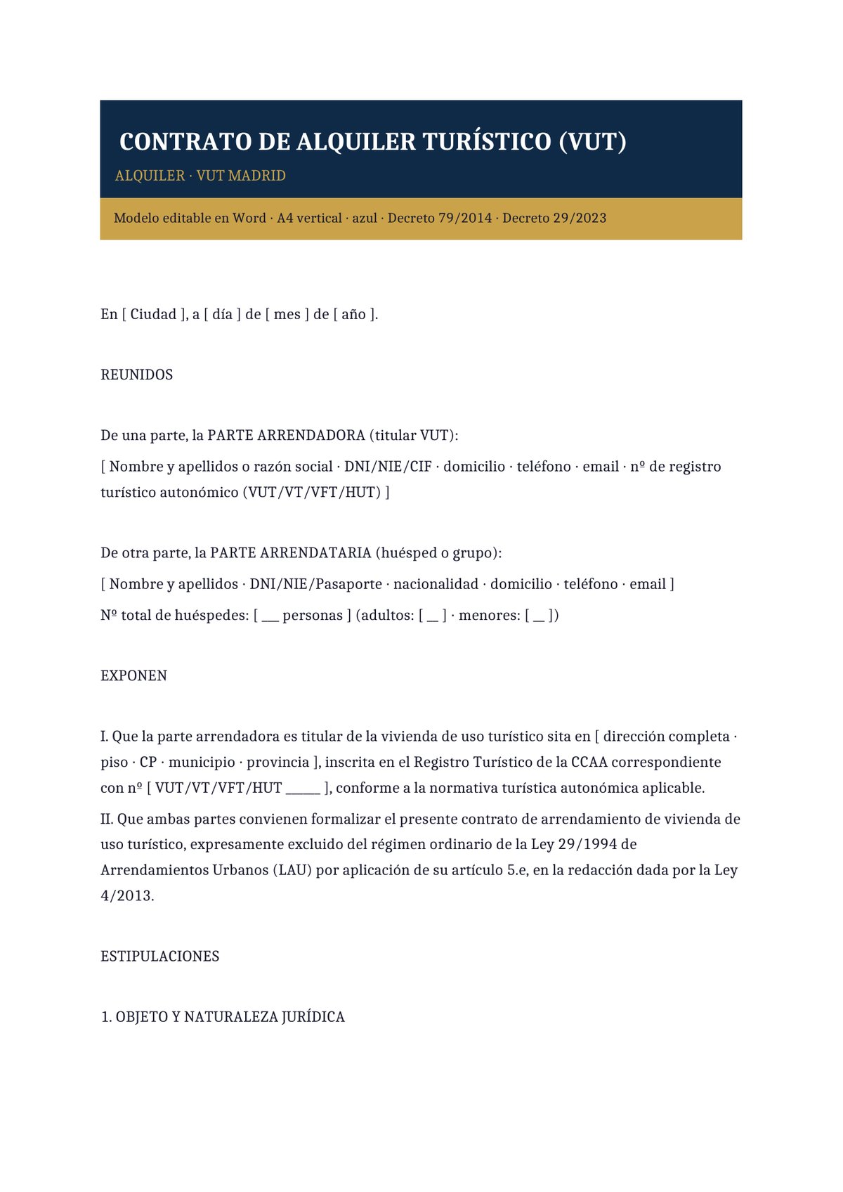 Plantilla Contrato de alquiler turístico Madrid (VUT)