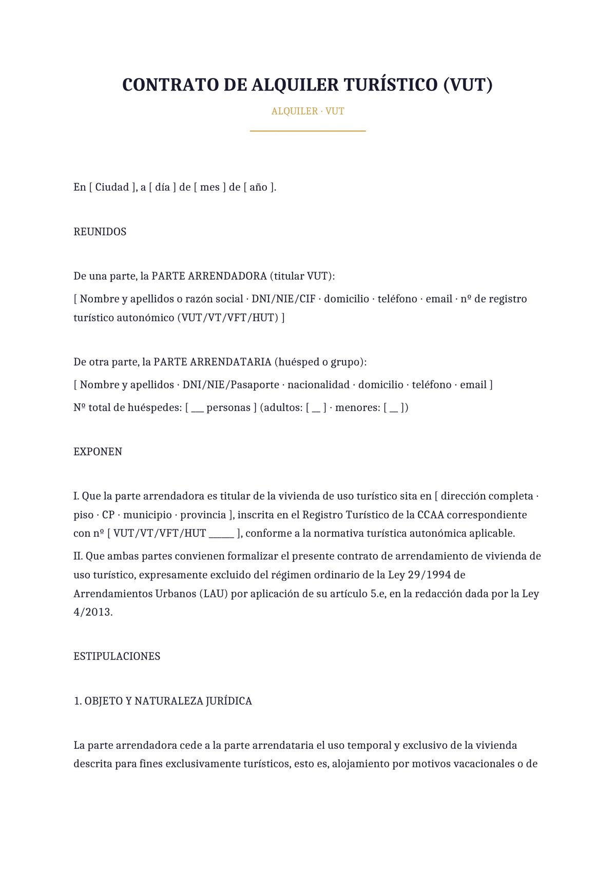 Plantilla Contrato de alquiler turístico VUT (genérica)
