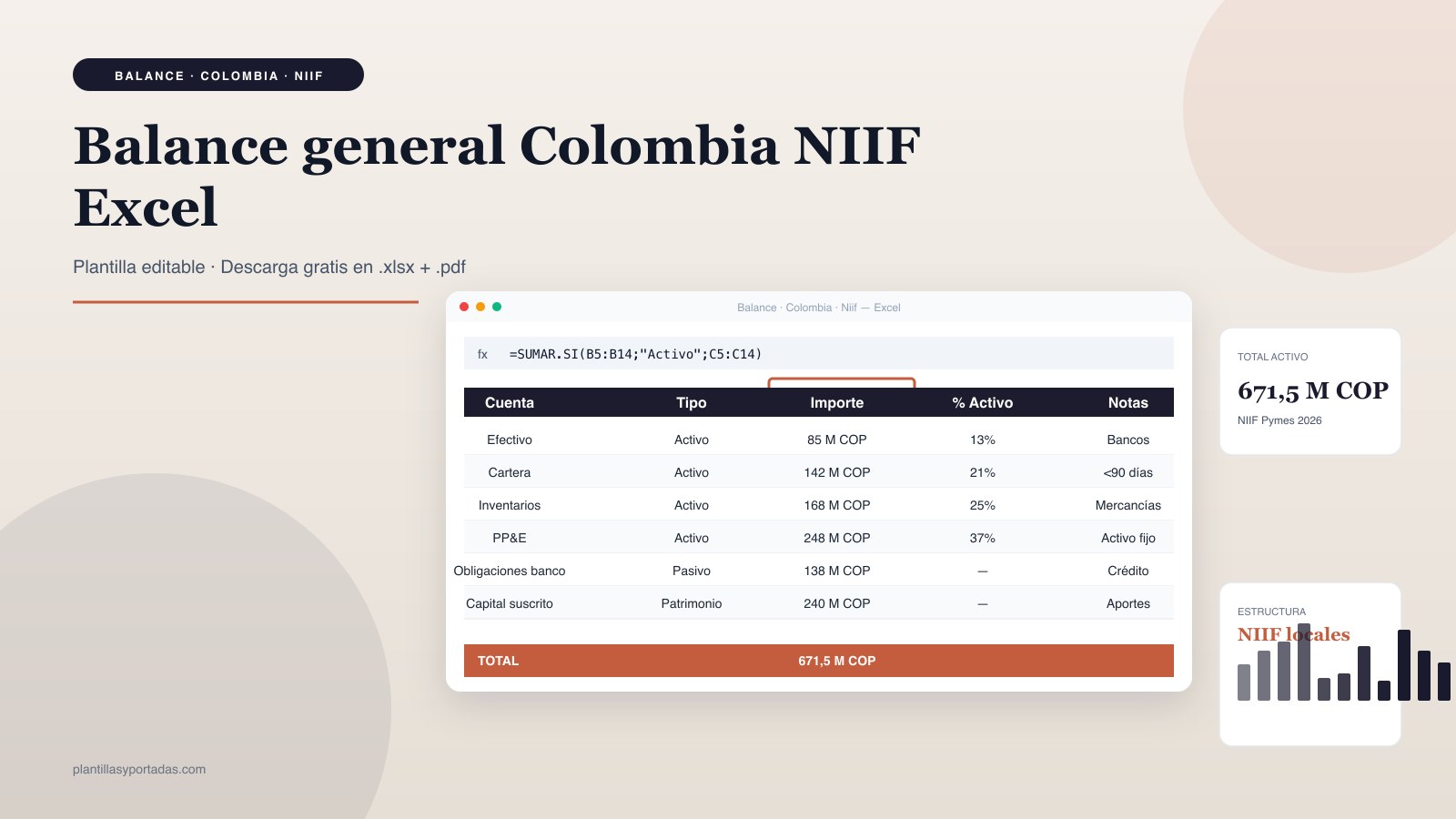 Plantilla Balance general — Colombia (NIIF locales) en Excel