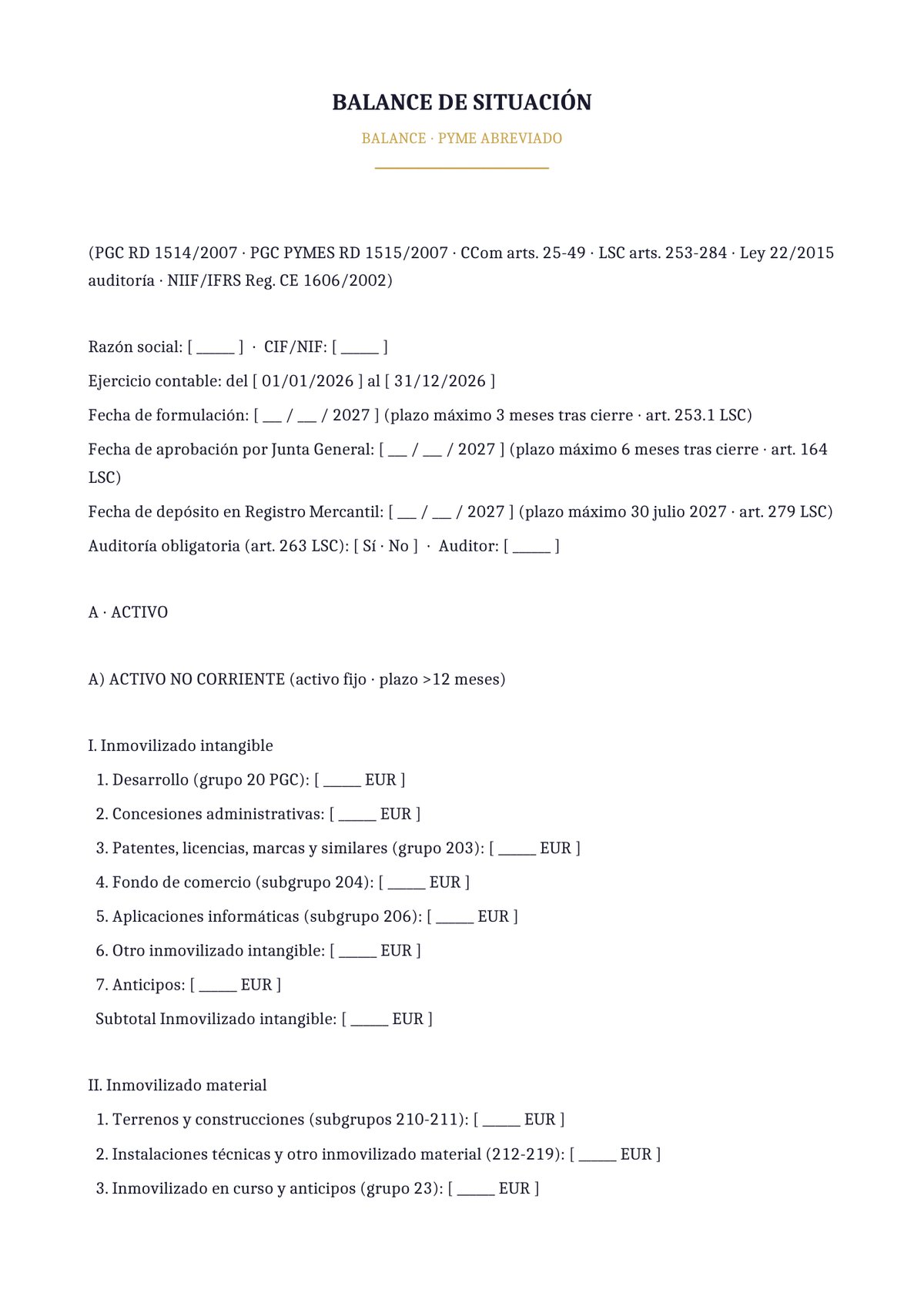Plantilla Balance de situación abreviado PYME