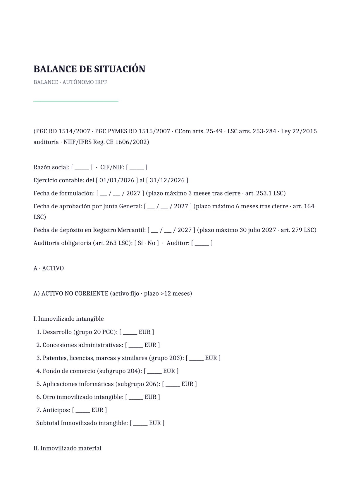Plantilla Balance de situación simplificado autónomo