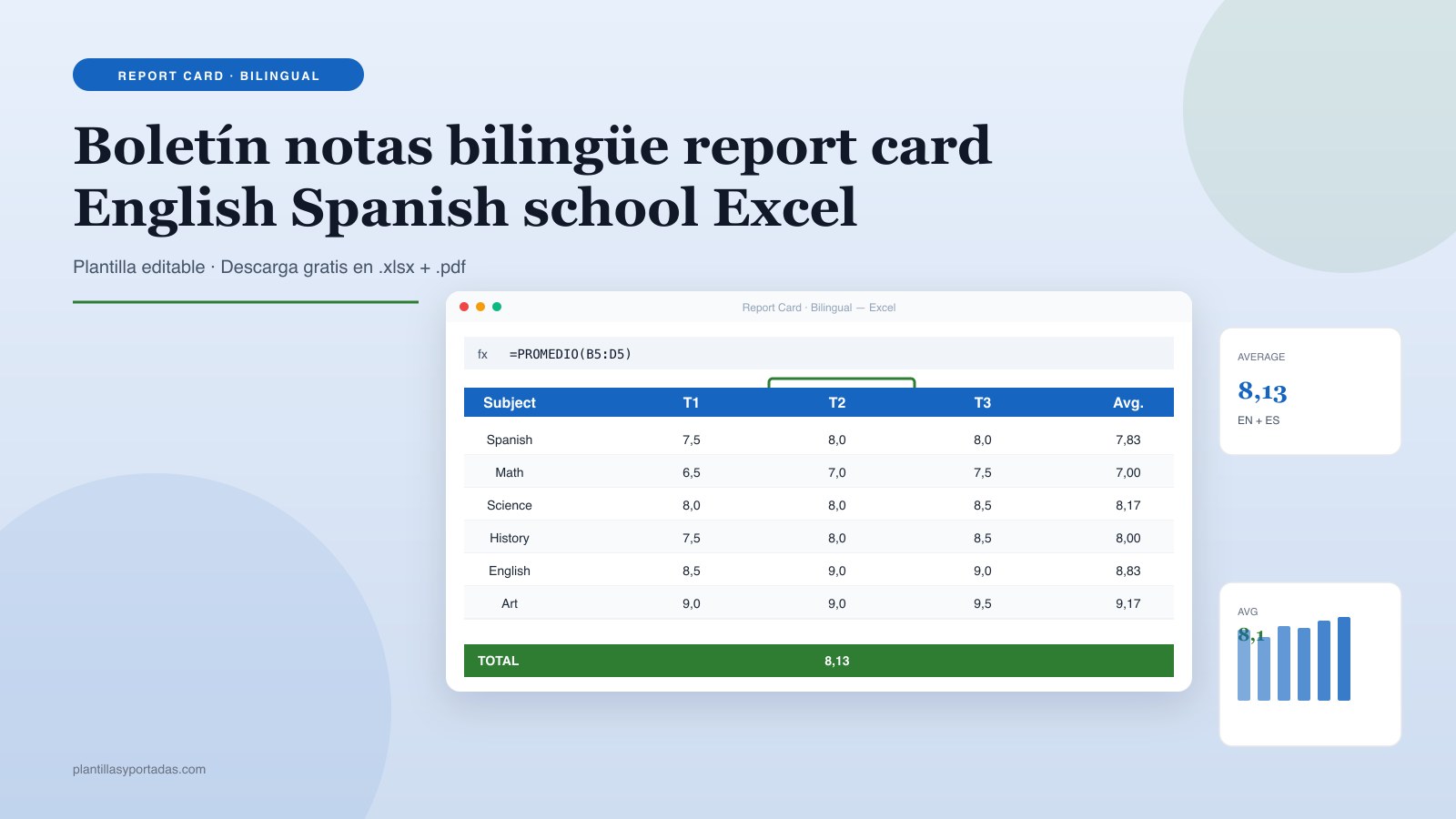 Plantilla Boletín de notas · bilingüe ES + EN report card en Excel