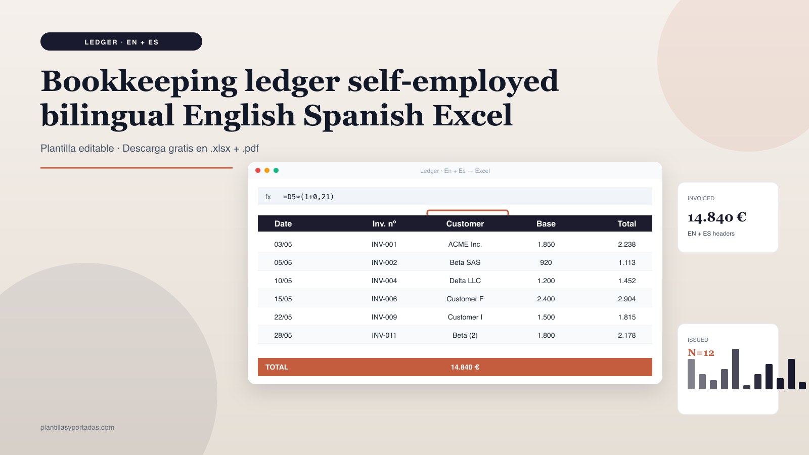 Plantilla Bookkeeping ledger · bilingual EN + ES en Excel
