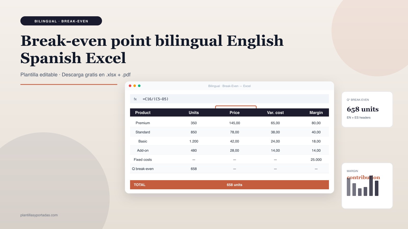 Plantilla Break-even point — bilingual EN + ES en Excel