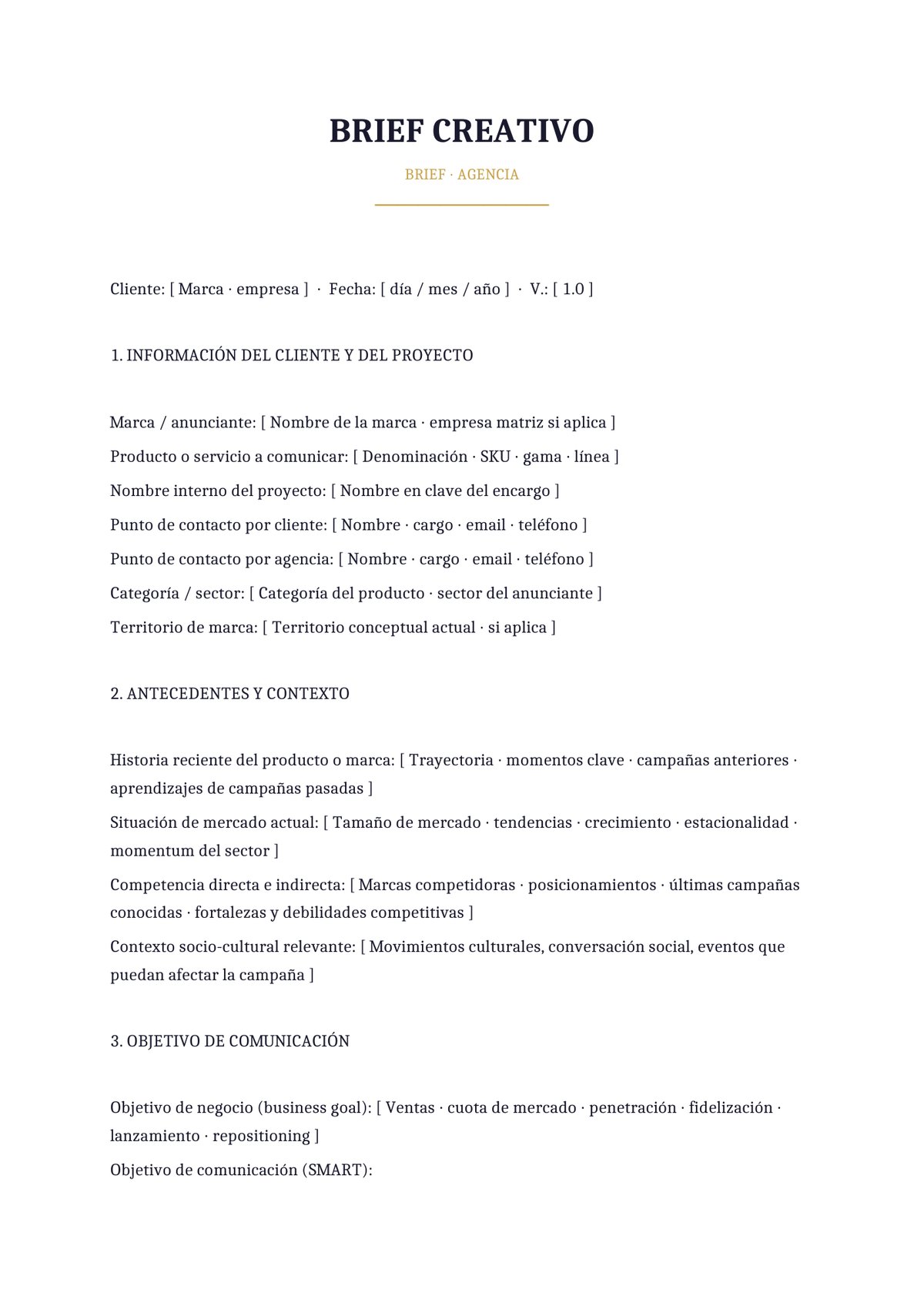 Plantilla Brief creativo para agencia tradicional