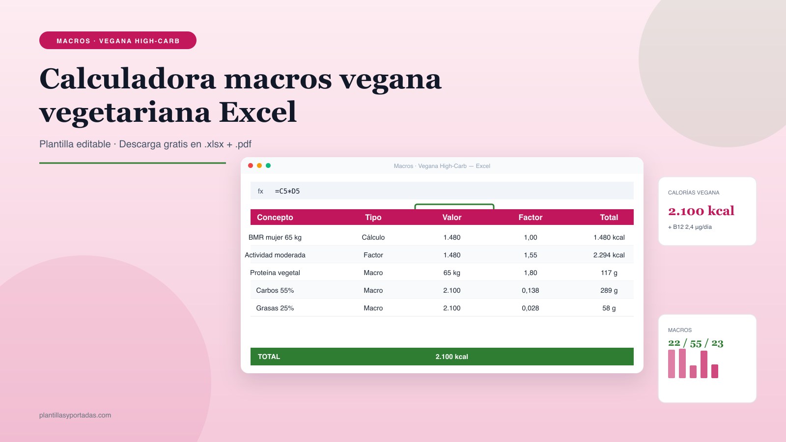 Plantilla Calculadora de calorías y macros — dieta vegana / vegetariana en Excel