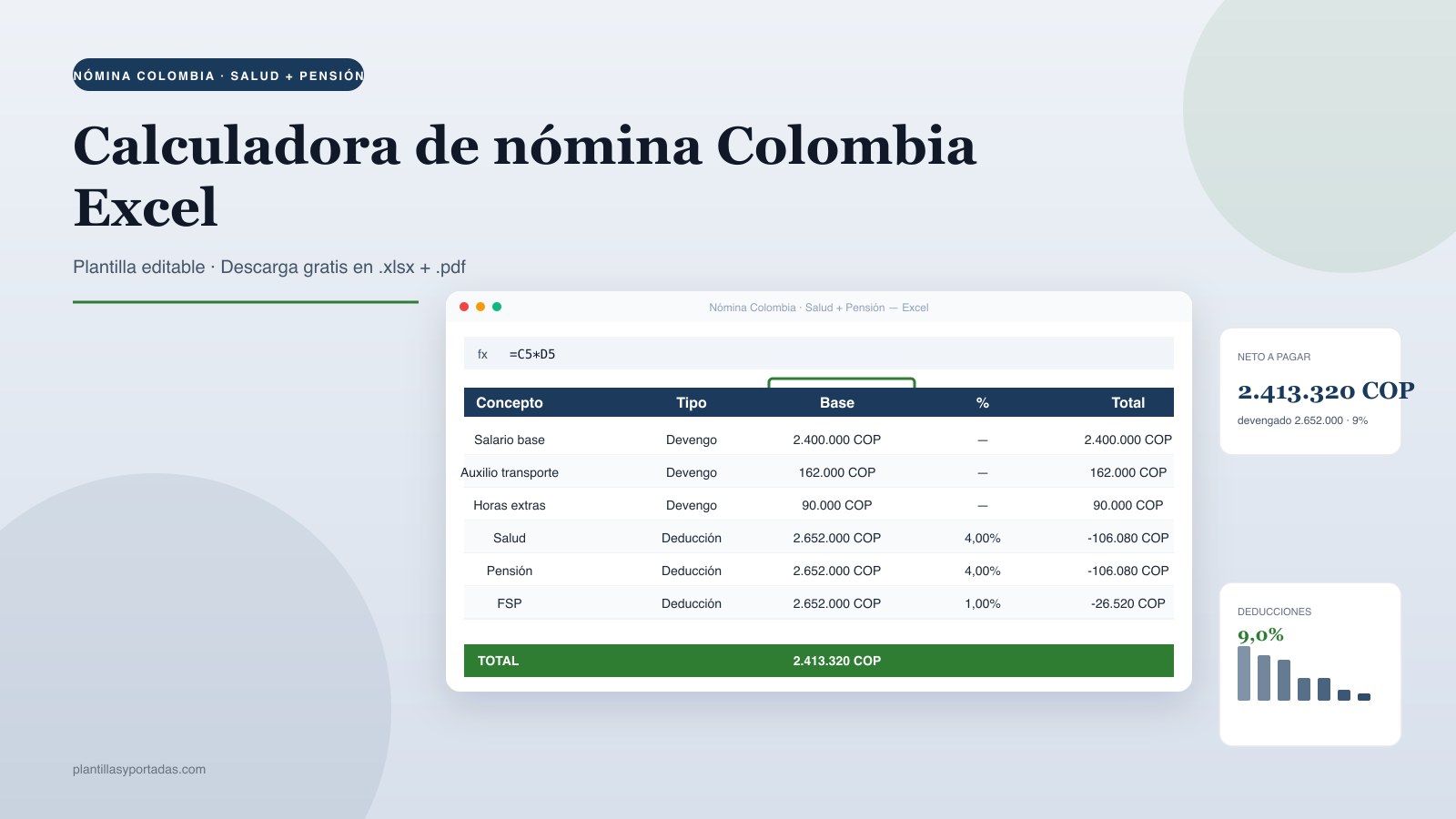 Plantilla Calculadora de nómina mensual — Colombia en Excel