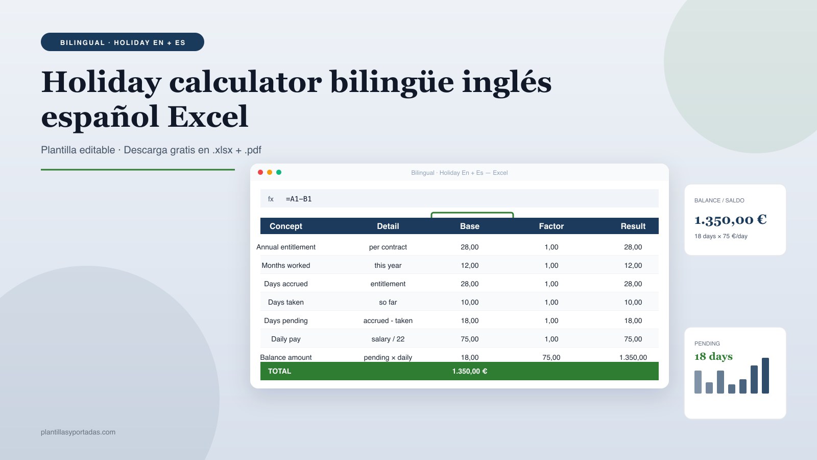 Plantilla Holiday calculator ES+EN — bilingüe multi-país en Excel