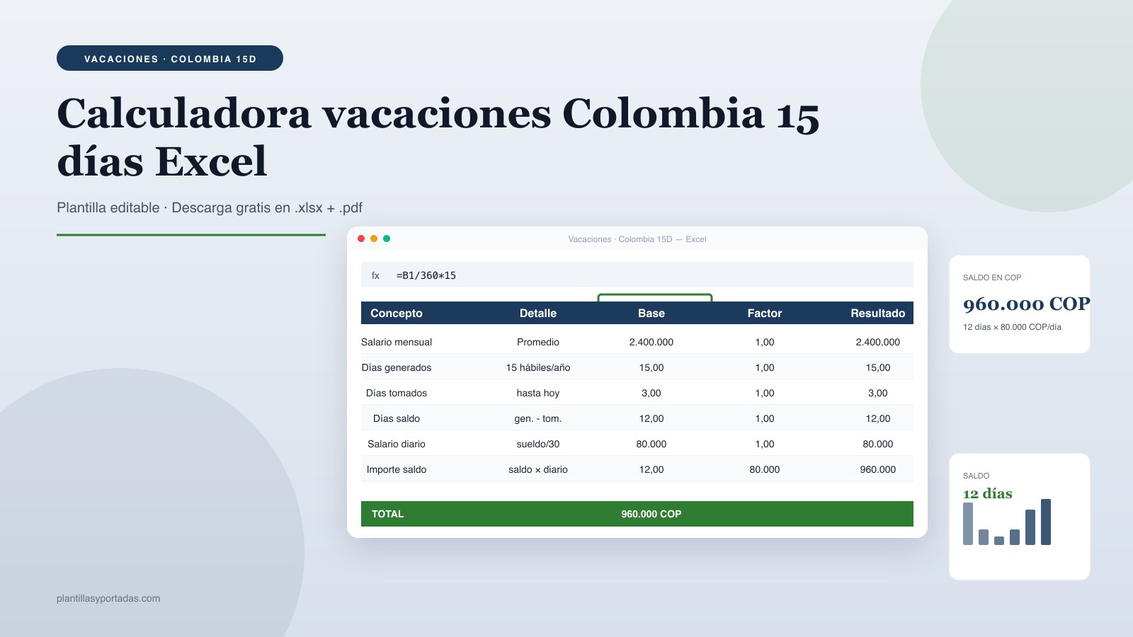 Plantilla Calculadora de vacaciones — Colombia (15 días hábiles) en Excel