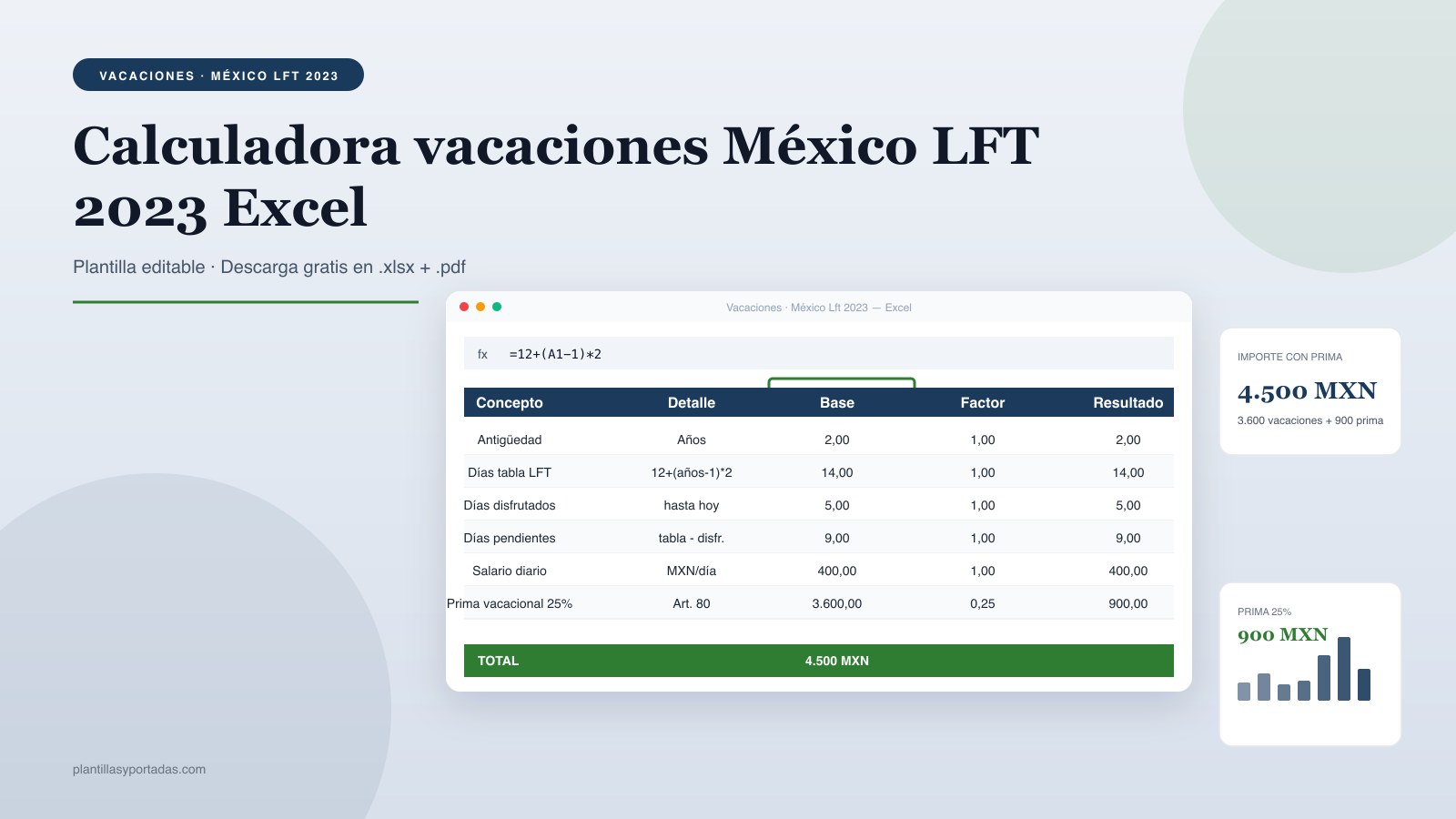 Plantilla Calculadora de vacaciones — México (LFT 2023) en Excel