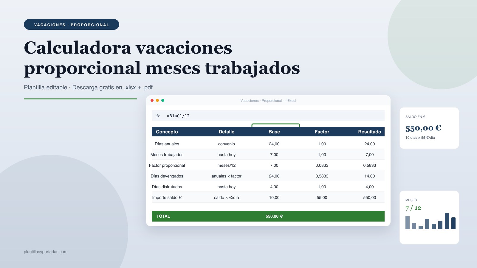 Plantilla Calculadora de vacaciones — proporcional por meses en Excel