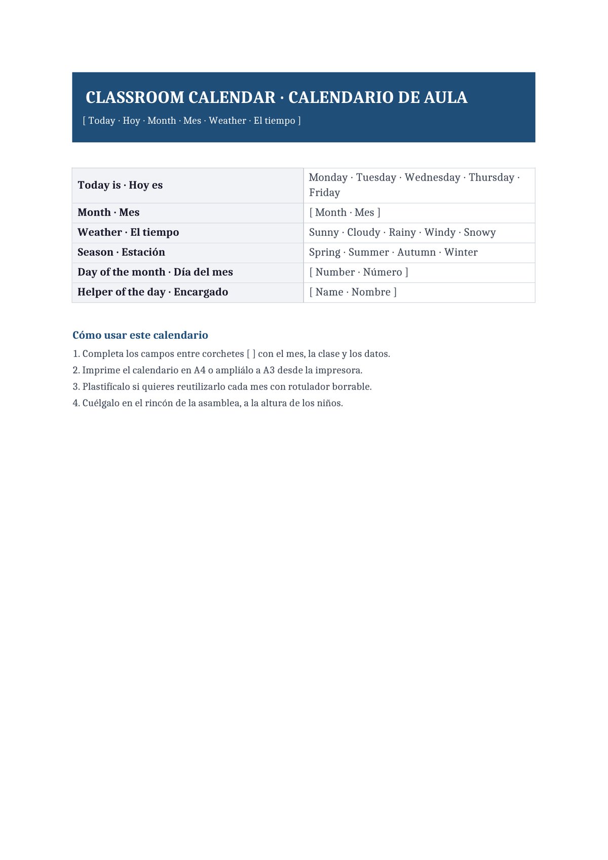 Plantilla Calendario de aula bilingüe (ES + EN)