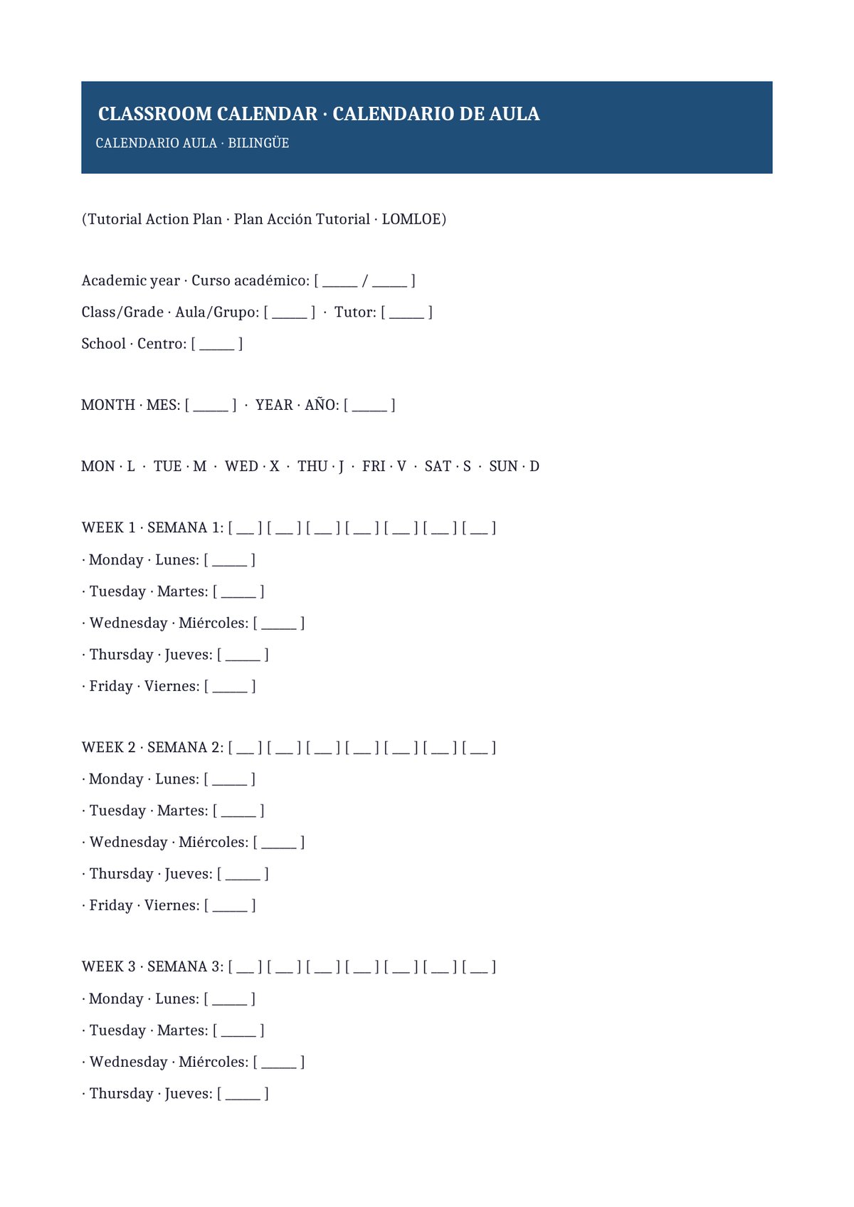 Plantilla Calendario de aula bilingüe (ES + EN)