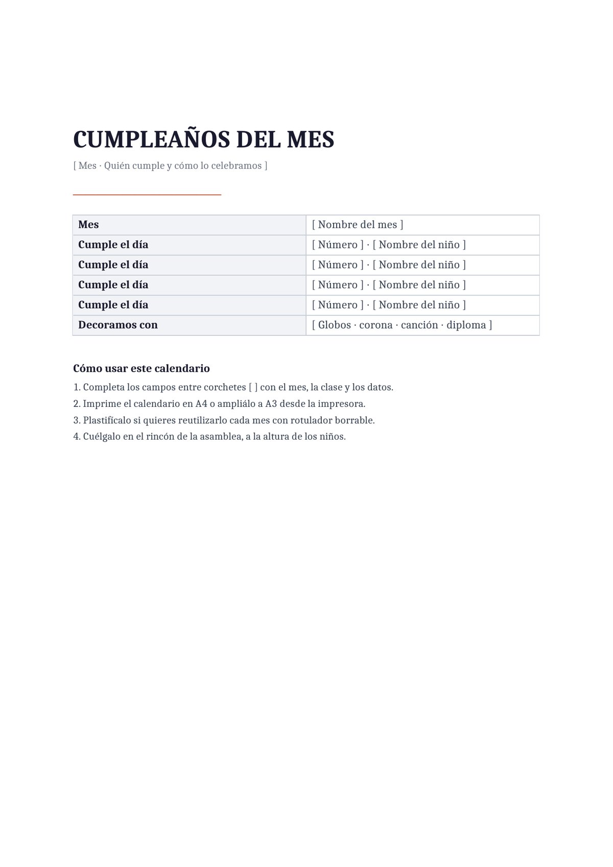 Plantilla Calendario de cumpleaños del mes