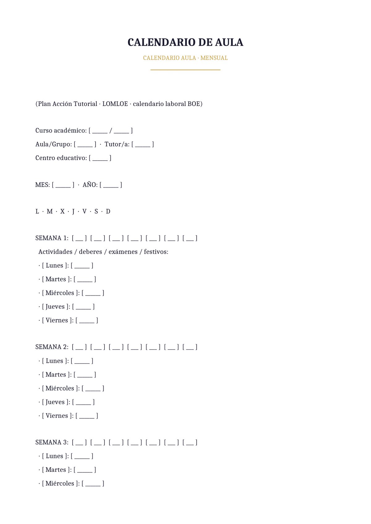 Plantilla Calendario de aula mensual
