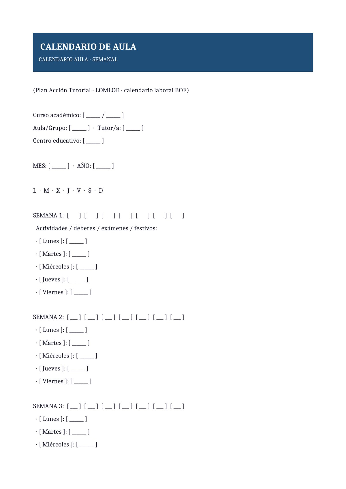 Plantilla Calendario de aula semanal
