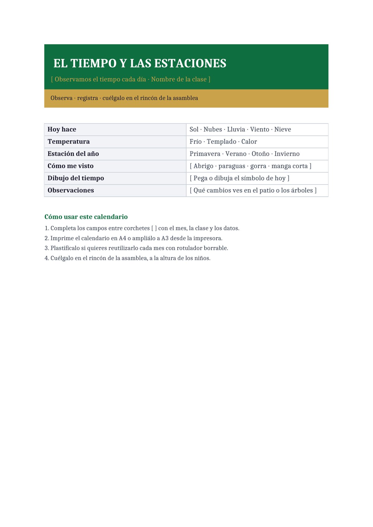 Plantilla Calendario del tiempo y las estaciones