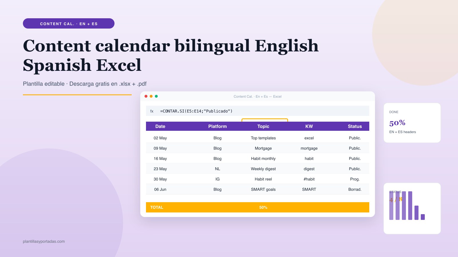 Plantilla Content Calendar — bilingual EN + ES en Excel