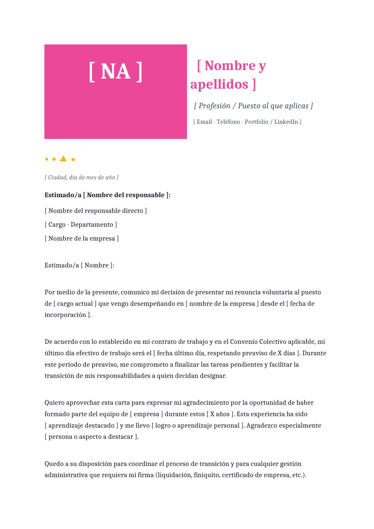 Plantilla Carta de renuncia agradecida cordial