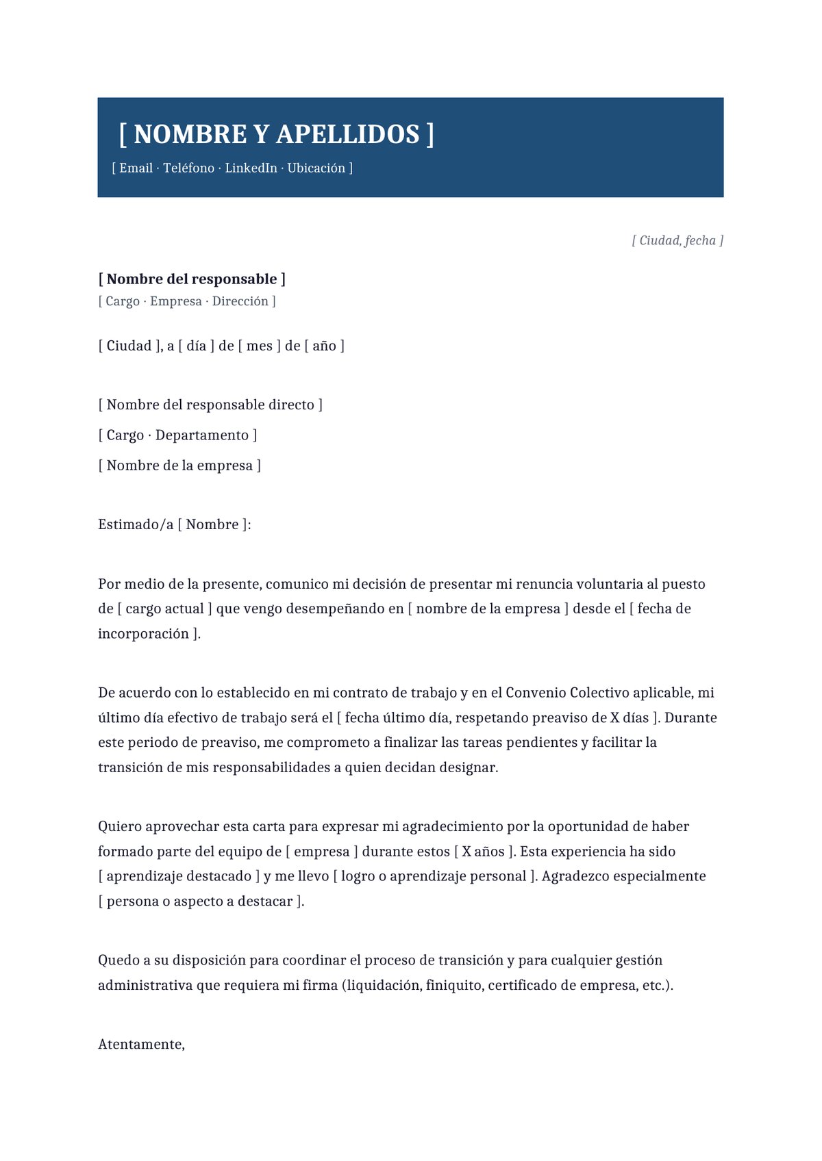 Plantilla Carta de renuncia breve y directa