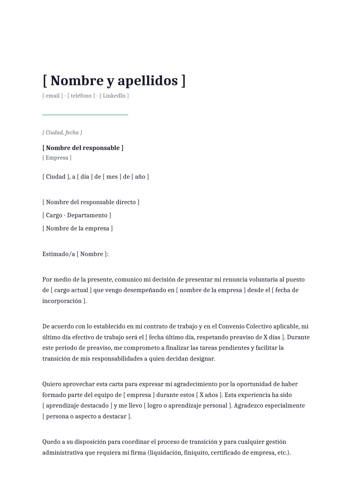 Plantilla Carta de renuncia con preaviso mínimo (15 días)
