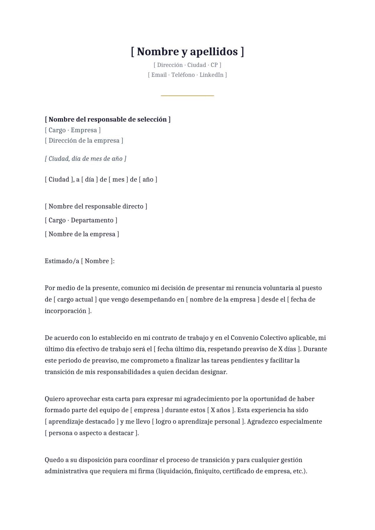 Plantilla Carta de renuncia formal estándar (15-30 días preaviso)